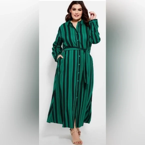 NEW ASHLEY STEWART LINEN BLEND STRIPPED GREEN/ BLACK SIZE 14 - Picture 1 of 7